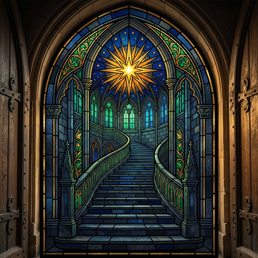 Ascending gothic steps to starburst stained glass